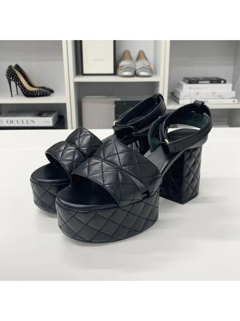 Chanel CC Logo Leather Quilted Strap Sandals Black